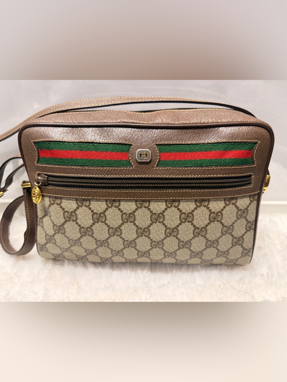 GUCCI-001 56 6472 069 Sherry Line Zippered Front Pocket Coated Canvas Crossbody